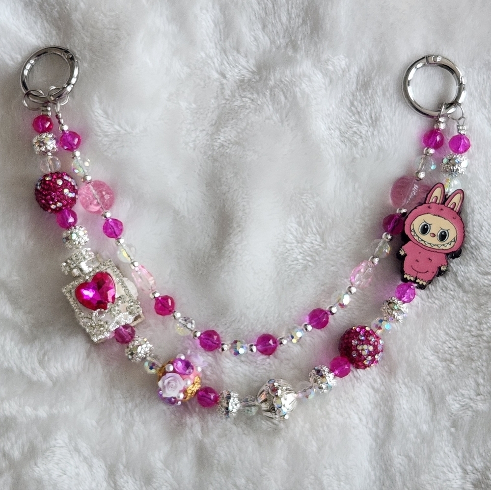 Labubu Pink Beaded Bag Charm Keychain